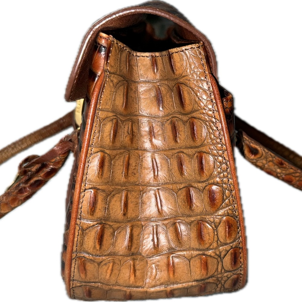 Croc-Embossed Leather Satchel Handbag in Cognac - Picture 4 of 11